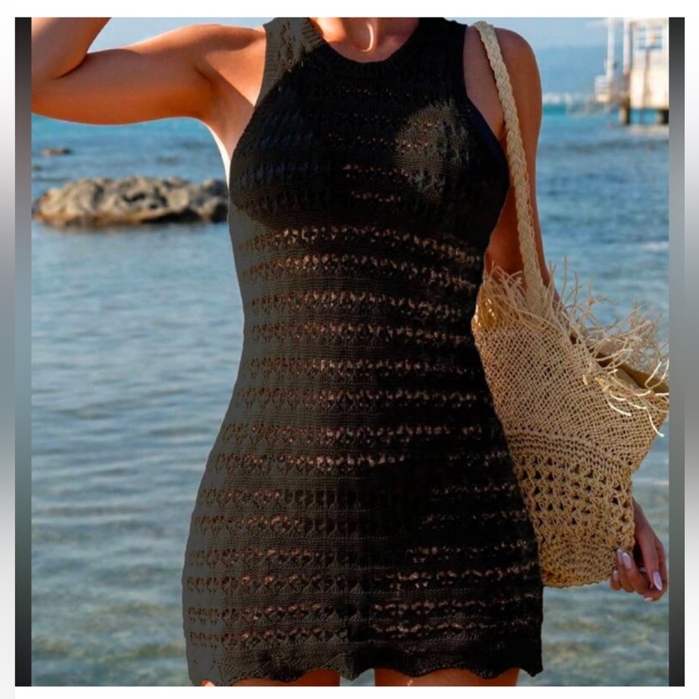 New Black Crochet beach cover up mini  Dress
